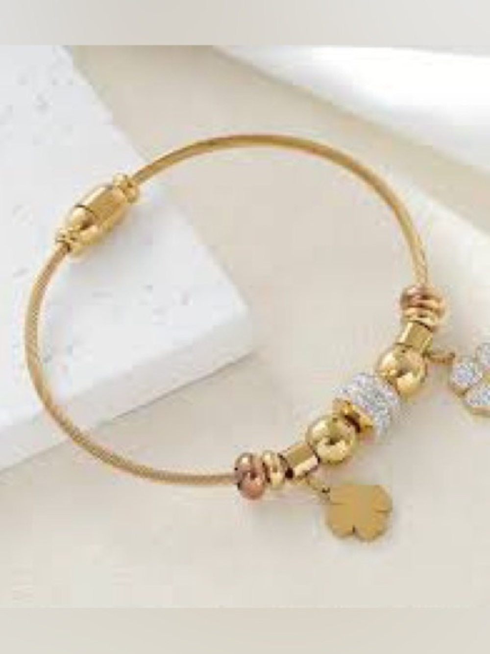 Gold and Hematite Bead Clover Charm Bracelet